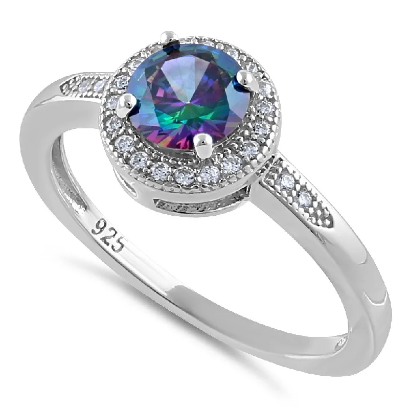 Black Stainless Steel Rings-Sterling Silver Rainbow CZ Halo Ring