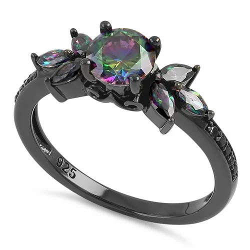 Gold Wedding Ring Sets-Sterling Silver Black Rhodium Flower Rainbow CZ Ring