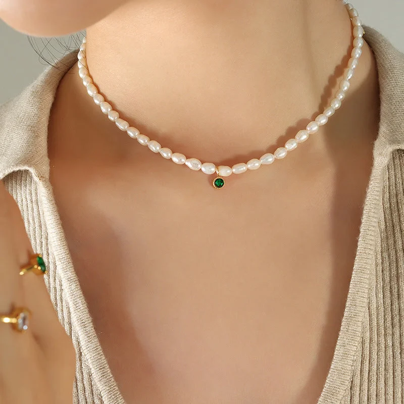 P1336-Vertical Freshwater Pearl Zircon Necklace-34+7cm