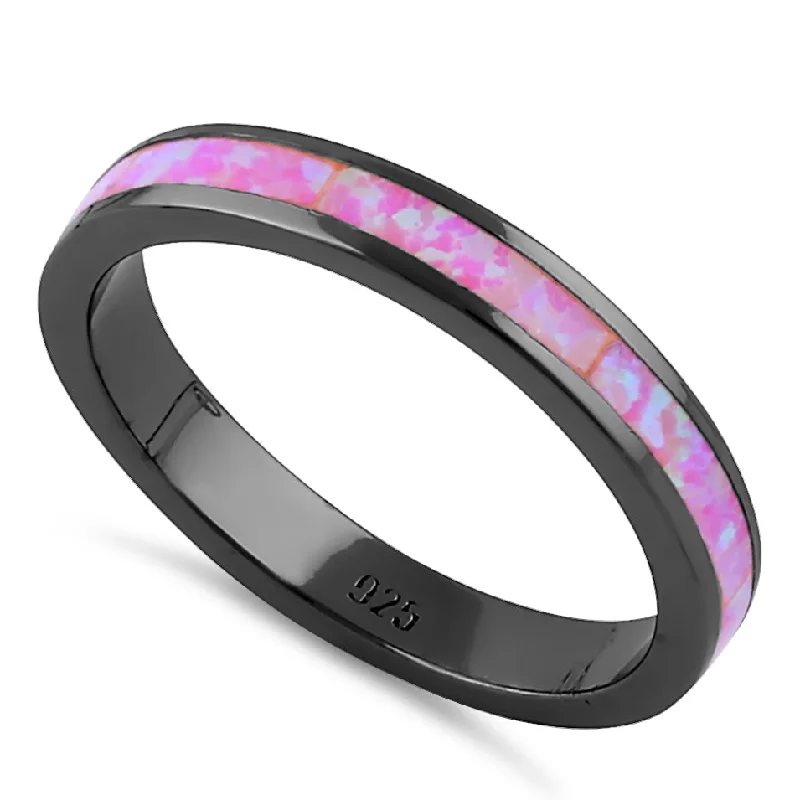 Infinity Wedding Bands-Sterling Silver Black Rhodium Plated Pink Lab Opal Ring