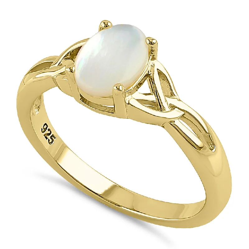 Artistic Engagement Rings-Sterling Silver Center Stone Charmed  Mother of Pearl Gold Plated Ring