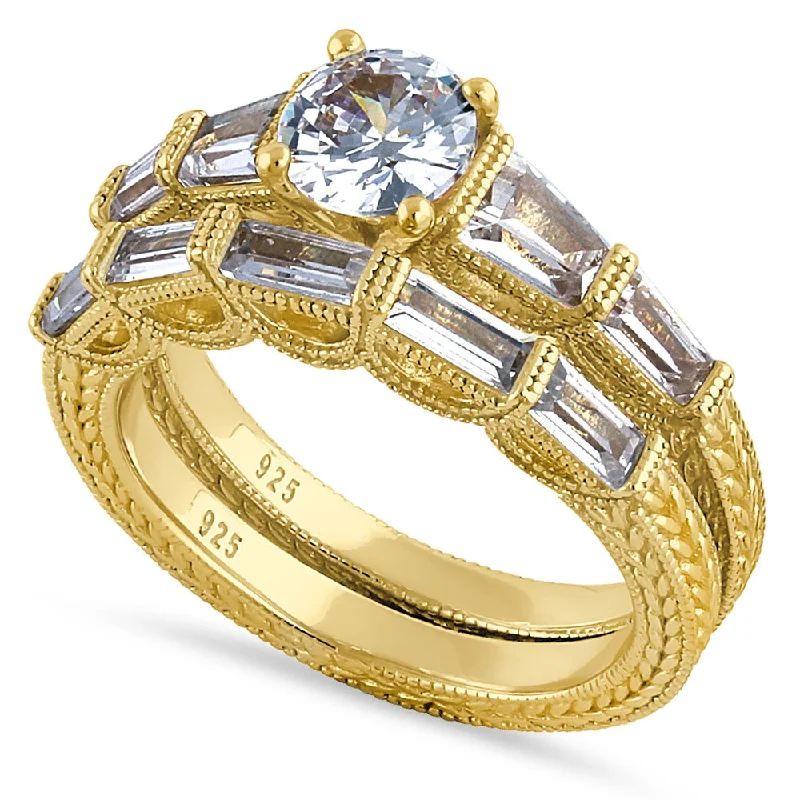 Women’s Stackable Rings-Sterling Silver Gold-Plated Baguette CZ Engagement Ring Set