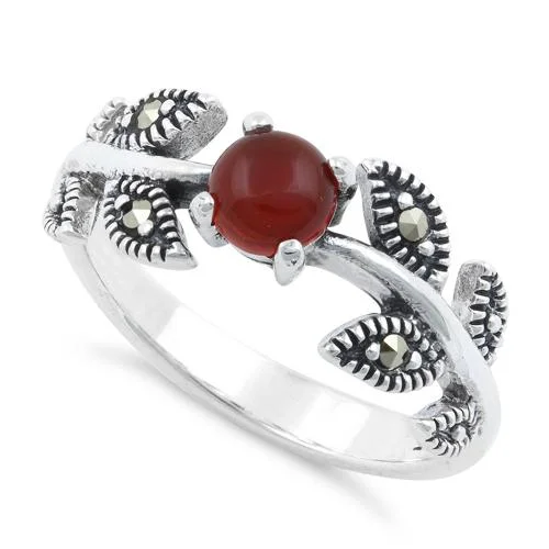 Simple Promise Rings-Sterling Silver Round Red Agate Leaves Marcasite Ring