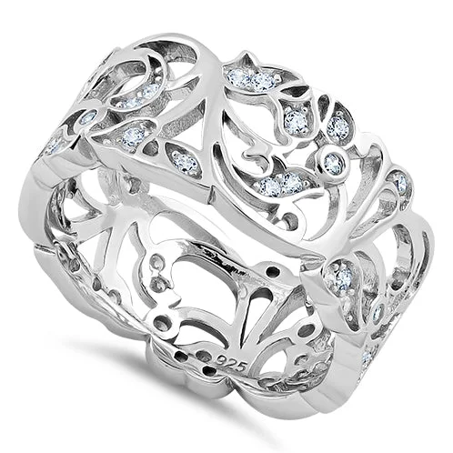 Silver Wedding Bands for Men-Sterling Silver Floral Ornaments Wave CZ Ring