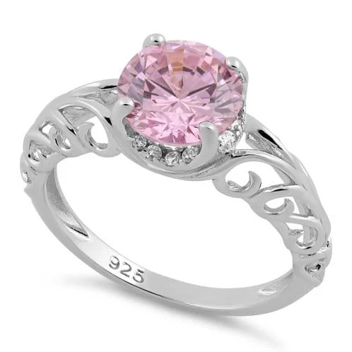 Personalized Signet Rings-Sterling Silver Swirl Design Pink and Clear CZ Ring