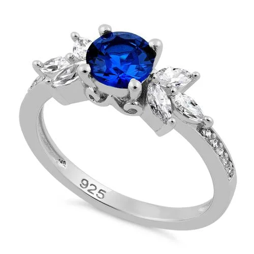 Custom Infinity Rings-Sterling Silver Flower Leaves Blue Spinel CZ Ring