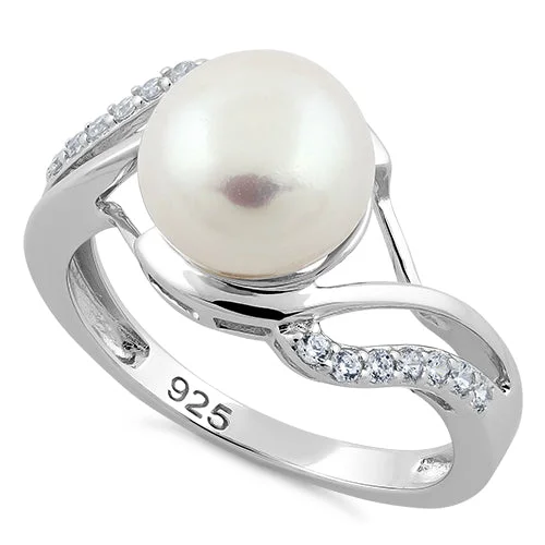 Classic Engagement Rings-Sterling Silver Elegant Pearl CZ Ring