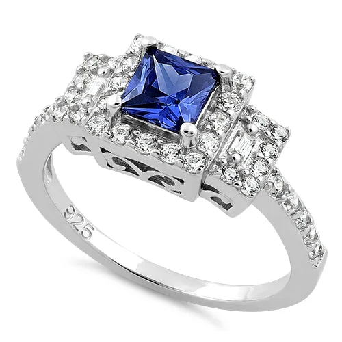 Elegant Engagement Rings-Sterling Silver Square Tanzanite CZ Ring