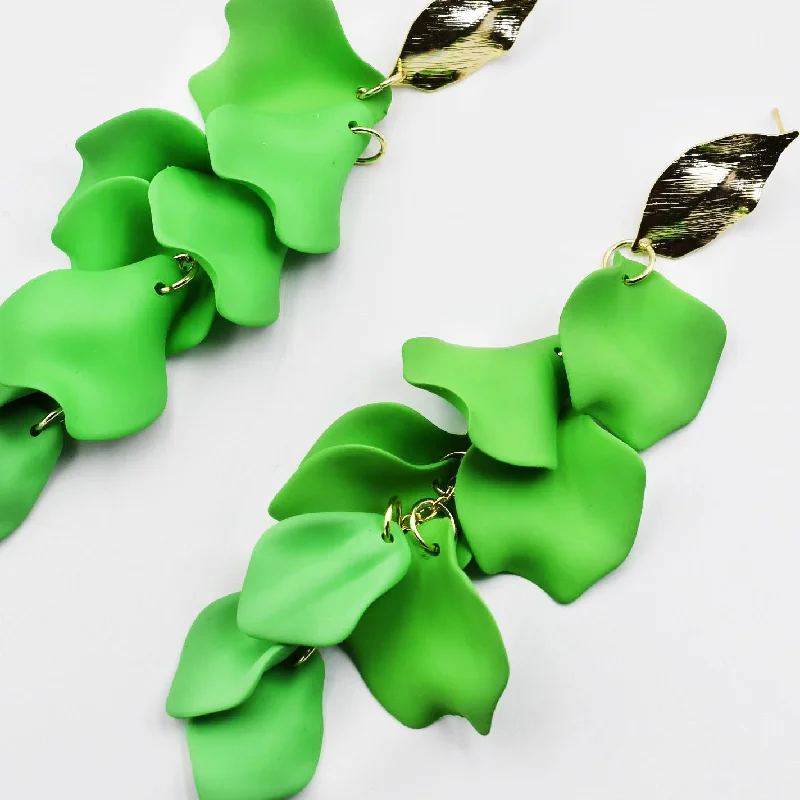 Gold Diamond Earrings-Dangle Petals Green D60