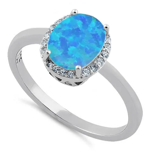 Women’s Wedding Bands with Diamonds-Sterling Silver Blue Lab Opal Oval Halo Clear CZ Ring