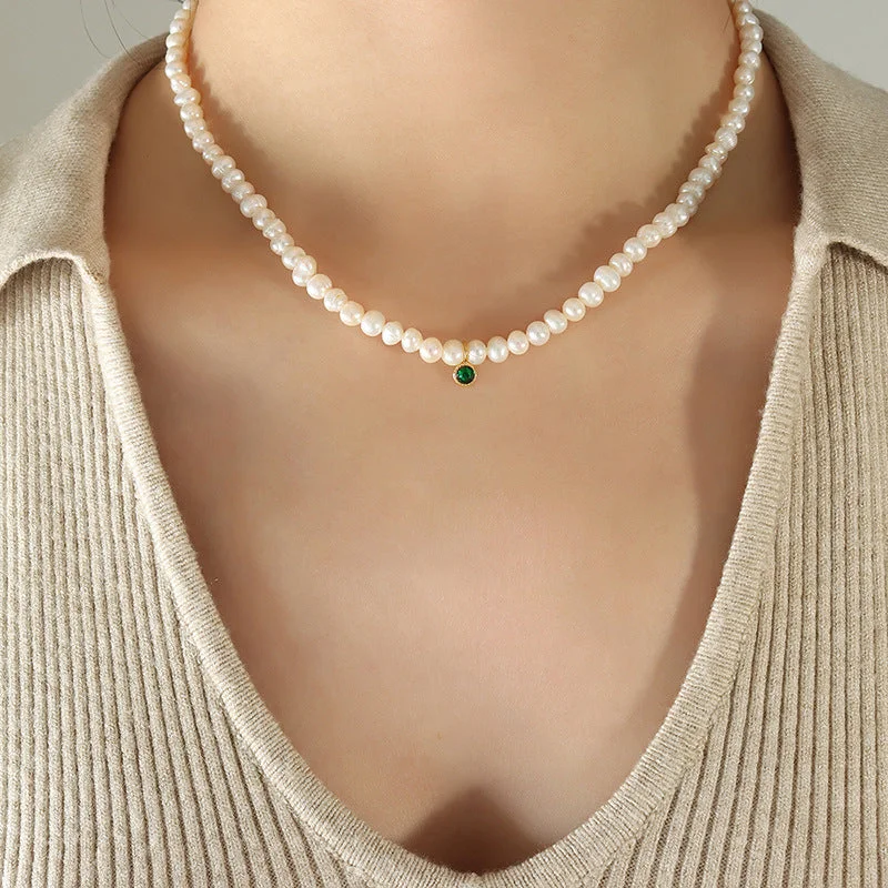 P1335-Horizontal Freshwater Pearl Zircon Necklace-36+7cm