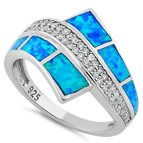 Solitaire Wedding Rings-Sterling Silver Elegant Blue Lab Opal & Clear CZ Ring