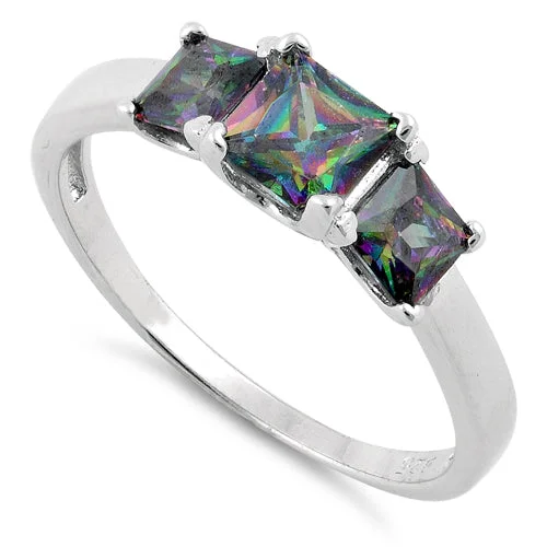 Vintage Engagement Ring Bands-Sterling Silver Triple Square Rainbow Topaz CZ Ring