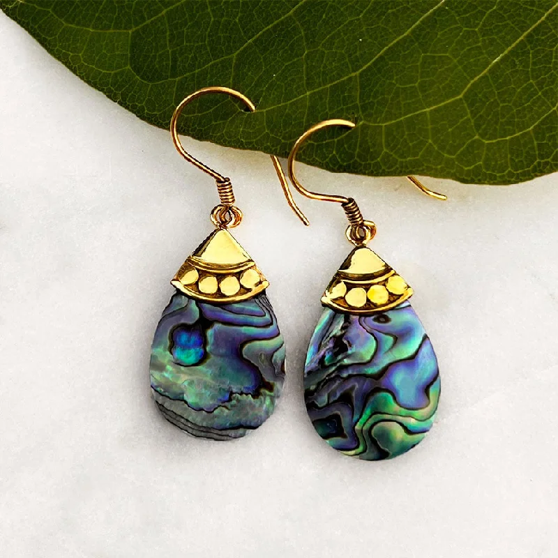 Mixed Metal Drop Earrings-Abalone Teardrop Earrings - Brass, Indonesia