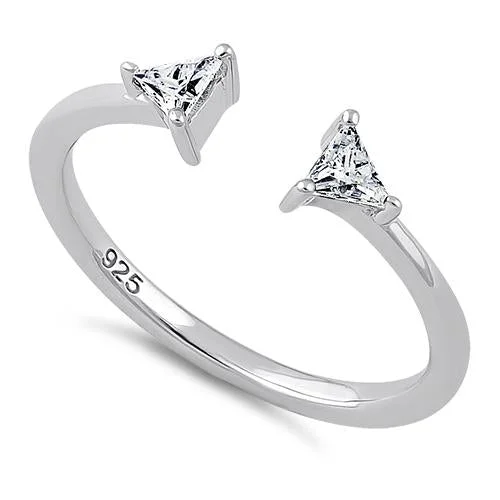 Bridal Ring Sets-Sterling Silver Double Triangle Cut Clear CZ Ring