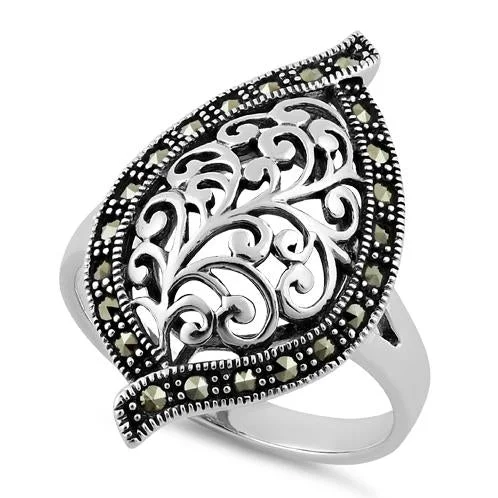 White Gold Wedding Sets-Sterling Silver Unique Leaf Marcasite Ring