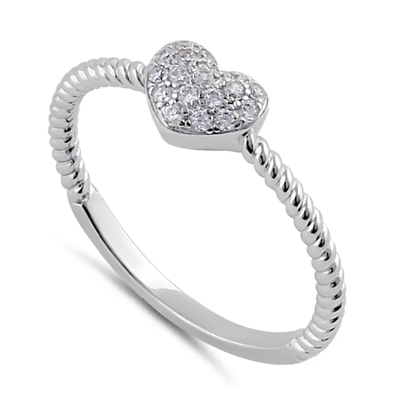 Women’s Wedding Bands with Diamonds-Sterling Silver Clear CZ Rope and Heart Ring