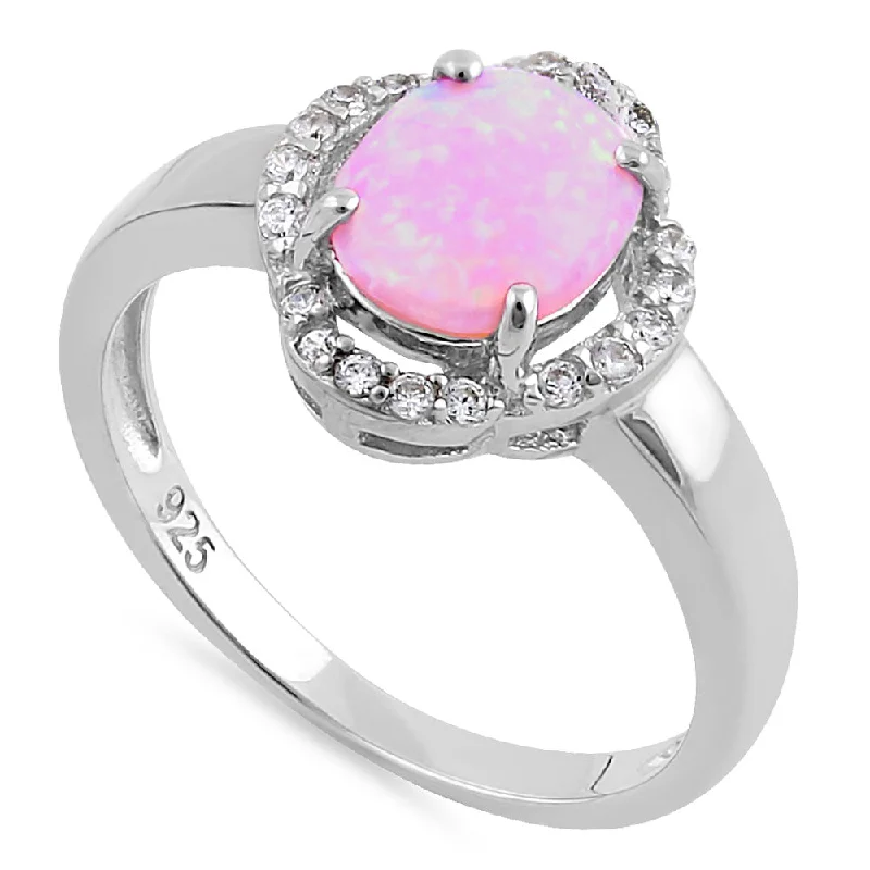 Engraved Wedding Bands-Sterling Silver Elegant Pink Lab Opal Oval Flower Halo CZ Ring