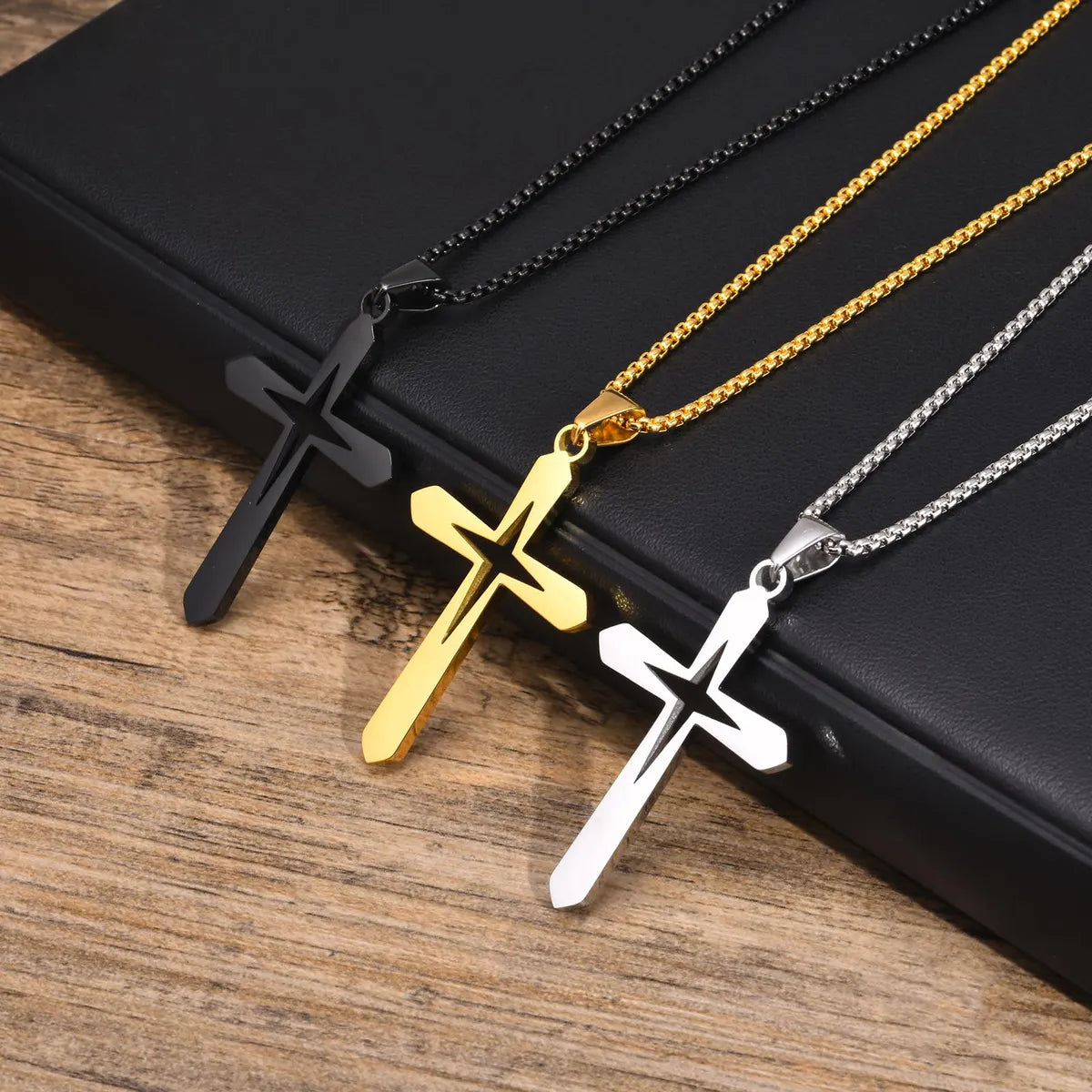 Chakra Necklaces-Hip-Hop Simple Style Streetwear Cross Stainless Steel Hollow Out 18K Gold Plated Men's Pendant Necklace