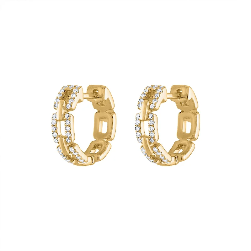 Gold and Silver Hoop Earrings-14KT GOLD DIAMOND SQUARE LINK HUGGIE EARRING