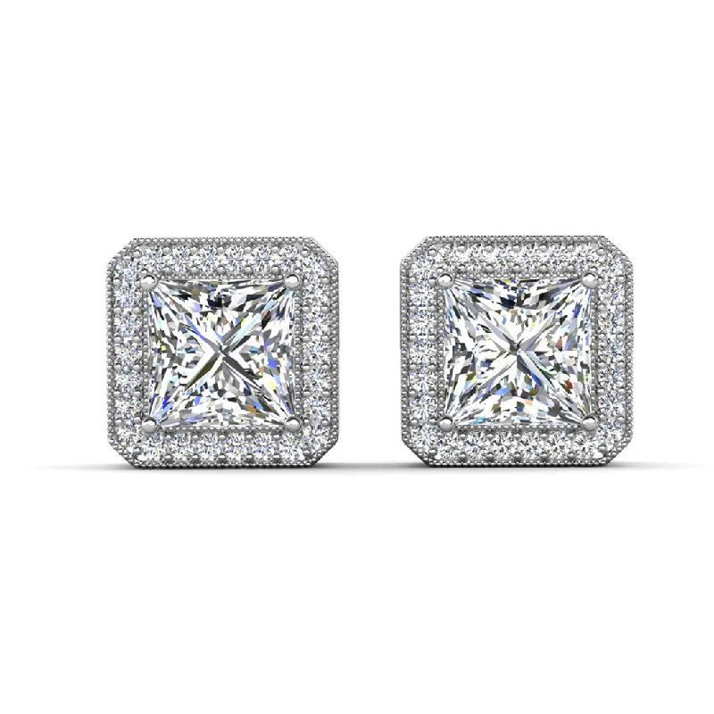 Modern Hoop Earrings-Londyn 18k White Gold Plated Princess Cut Halo Stud Earrings with Simulated Diamond Crystals