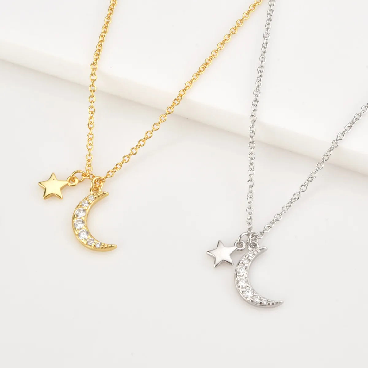 Love Necklaces-Sterling Silver Plating Inlay Star Moon Zircon Pendant Necklace