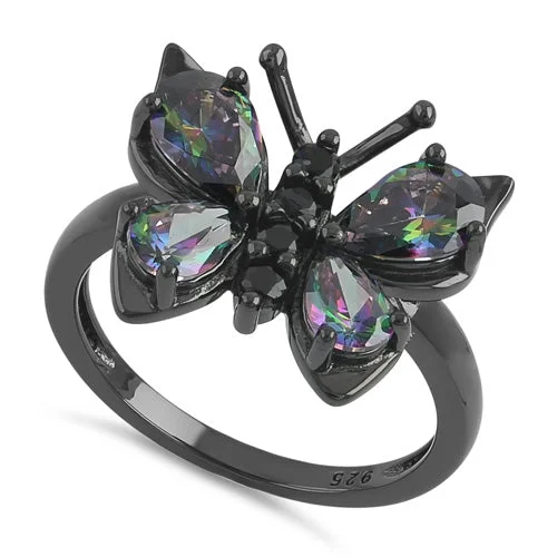 Simple Silver Engagement Rings-Sterling Silver Black Rhodium Large Rainbow CZ Butterfly Ring