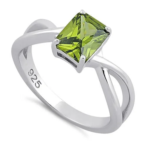 Handmade Promise Rings-Sterling Silver Twist Emerald Cut Peridot CZ Ring