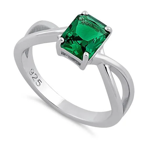 Round Cut Engagement Rings-Sterling Silver Twist Emerald Cut Emerald CZ Ring