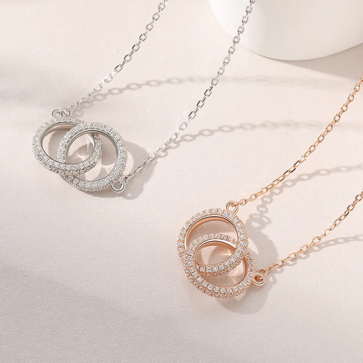 Crystal Necklaces-Korean Female Design Full Diamond Double Ring Pendant S925 Silver Necklace Wholesale