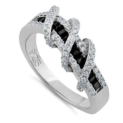 Men’s Gold Rings-Sterling Silver Twisted Black CZ Ring