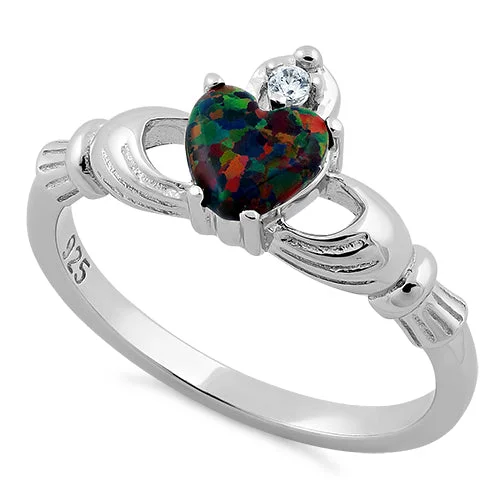 Wedding Bands with Engraving-Sterling Silver Rainbow Lab Opal Claddagh CZ Ring