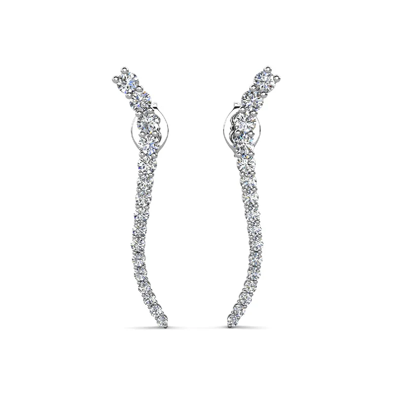 Silver Leaf Drop Earrings-Isabella 18k White Gold Plated Sterling Silver Ear Climber Earrings with Simulated Diamond Crystals