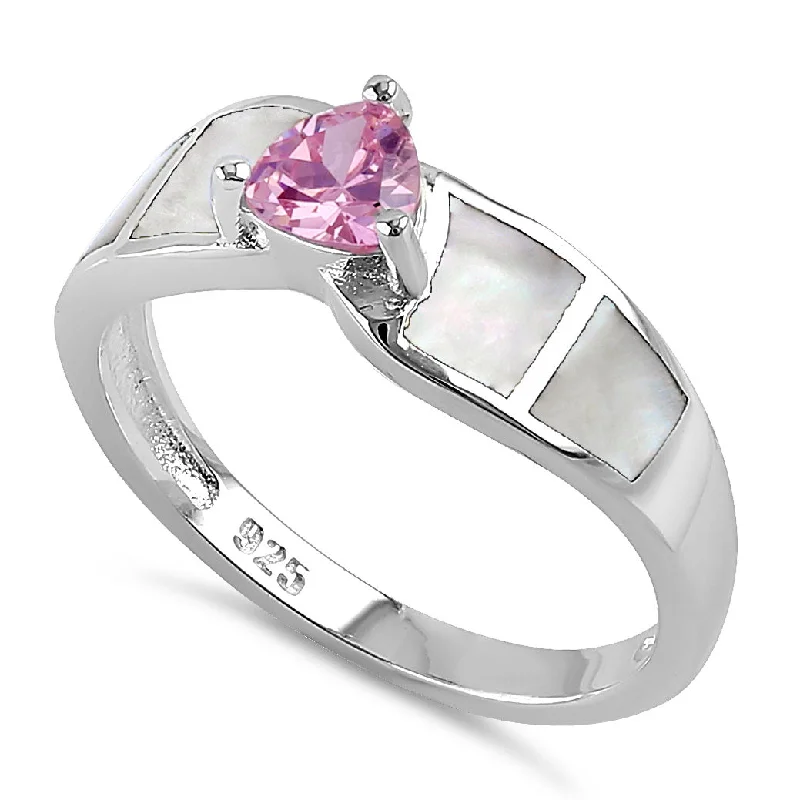 Handmade Promise Rings-Sterling Silver Pink Center Trillion Cut Stone Mother of Pearl Ring