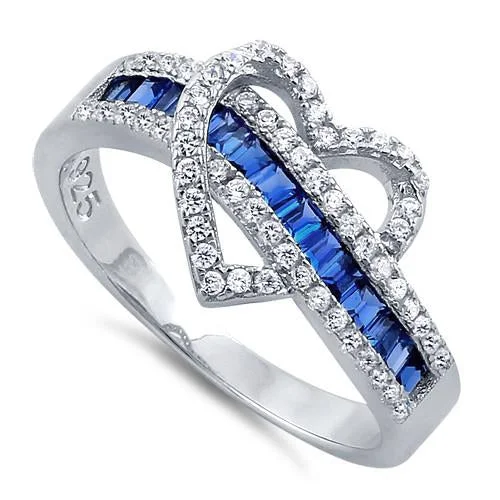 Simple Promise Rings-Sterling Silver Heart Blue Sapphire CZ Ring