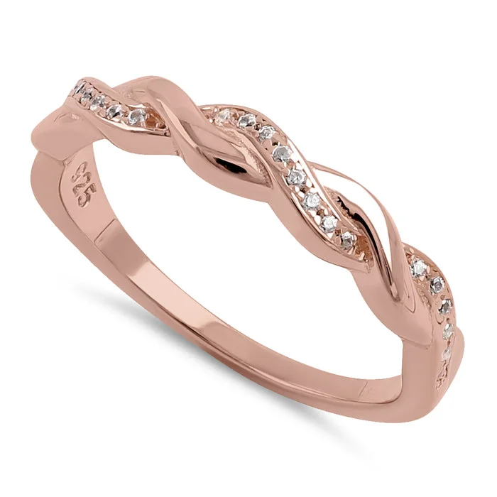 Trendy Fashion Rings-Sterling Silver Rose Gold Plated Braided CZ Ring