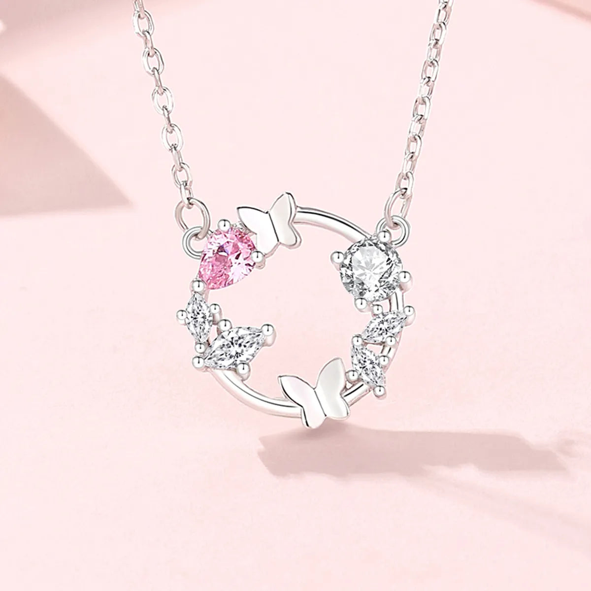 Infinity Heart Necklaces-Casual Vintage Style Simple Style Wreath Butterfly Sterling Silver Inlay Zircon Pendant Necklace