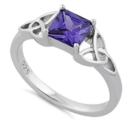 Sapphire Wedding Bands-Sterling Silver Celtic Amethyst Princess Cut CZ Ring