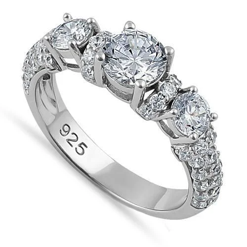 Custom Signet Wedding Rings-Sterling Silver 3-Stone CZ Ring