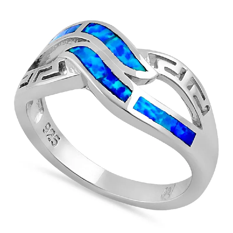 Custom Gemstone Rings-Sterling Silver Blue Lab Opal Greek Untwine Infinity Ring