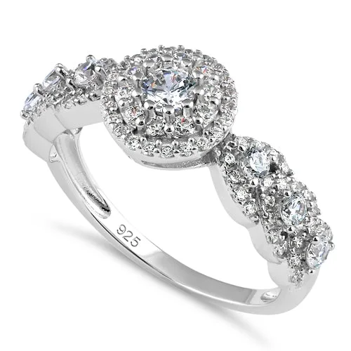 Custom Promise Band Rings-Sterling Silver Round CZ Halo Cluster Engagement Ring