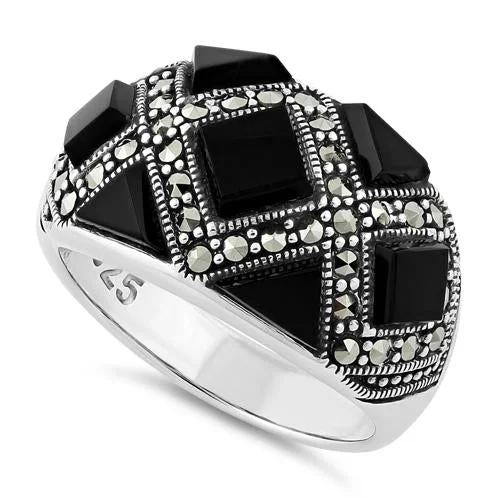 Luxury Diamond Wedding Bands-Sterling Silver Black Onyx Pattern Marcasite Ring