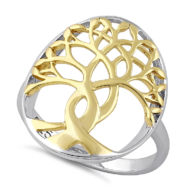 Custom Diamond Promise Rings-Sterling Silver Two Tone Gold Plated Tree of Life Ring