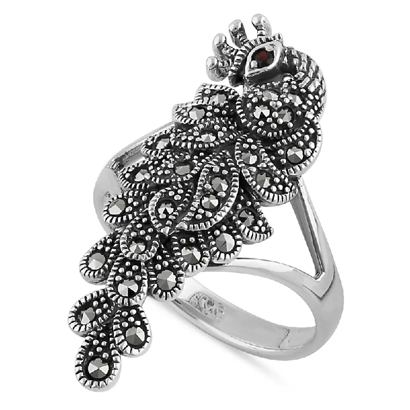 Custom Stacked Rings-Sterling Silver Elegant Peacock Africa Garnet CZ Marcasite Ring