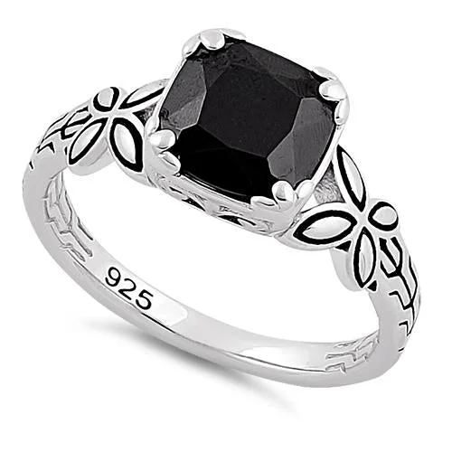 Women’s Fashion Rings-Sterling Silver Twin Butterfly Cushion Cut Black CZ Ring