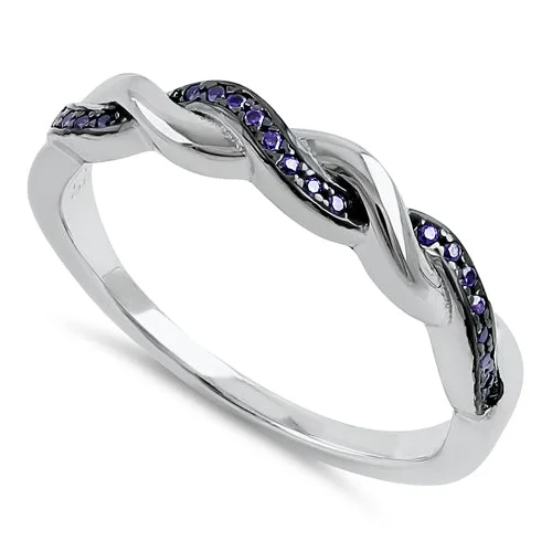 Custom Gemstone Rings-Sterling Silver and Black Rhodium Plated Braided with Amethyst CZ Ring