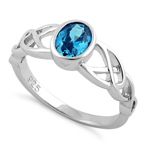 Luxury Diamond Wedding Bands-Sterling Silver Oval Aqua Blue CZ Celtic Ring