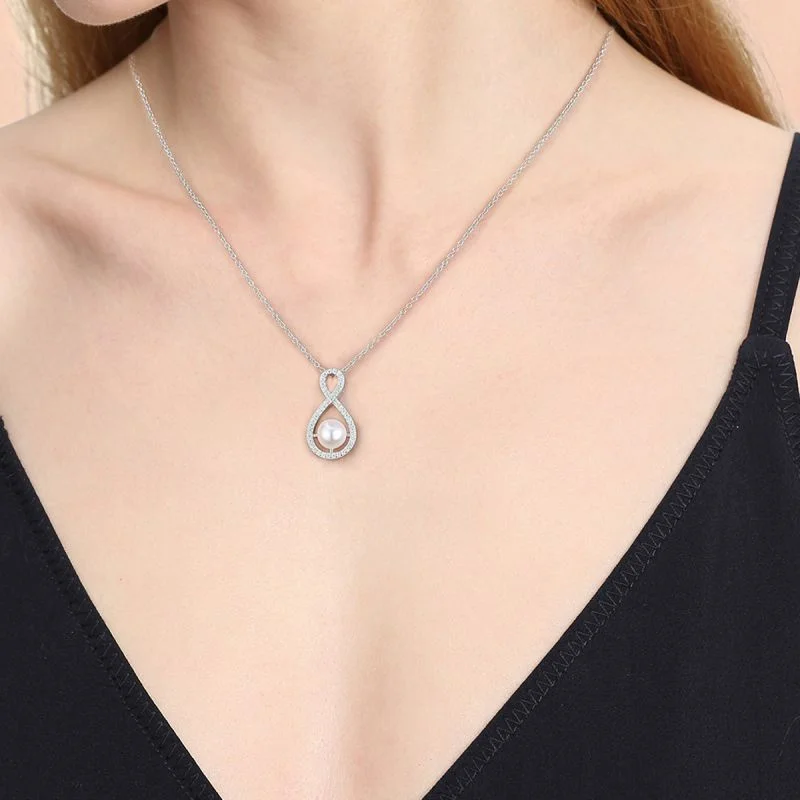 Wedding Bridal Necklaces-Simple Style Infinity Sterling Silver Plating Inlay Artificial Pearls Zircon Silver Plated Necklace