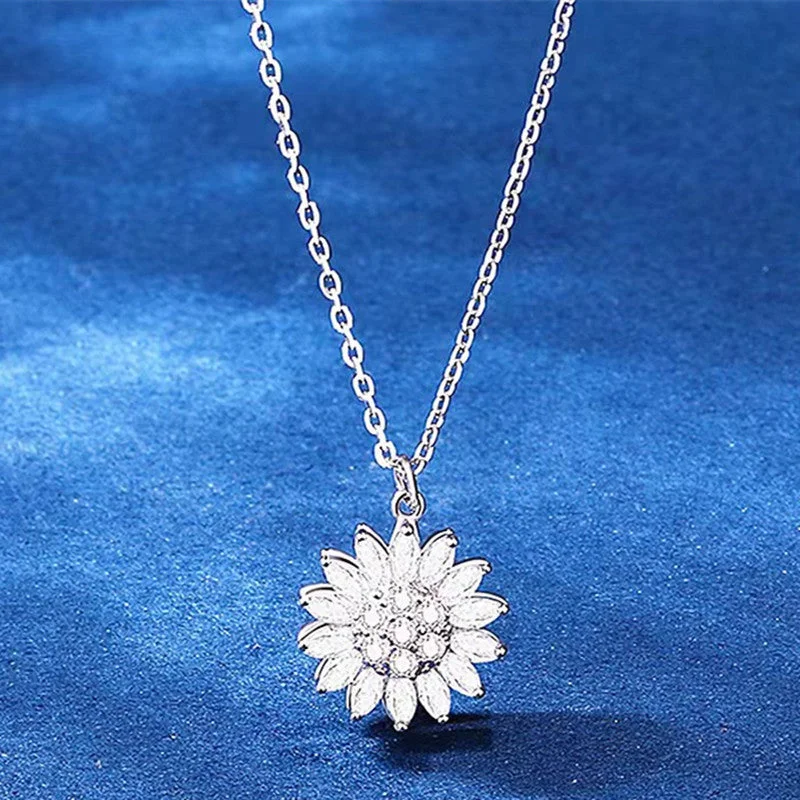 White Gold Color SUNFLOWER Rotating Necklace