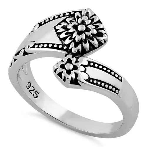 Couples Engagement Rings-Sterling Silver Double Flower Spoon Ring